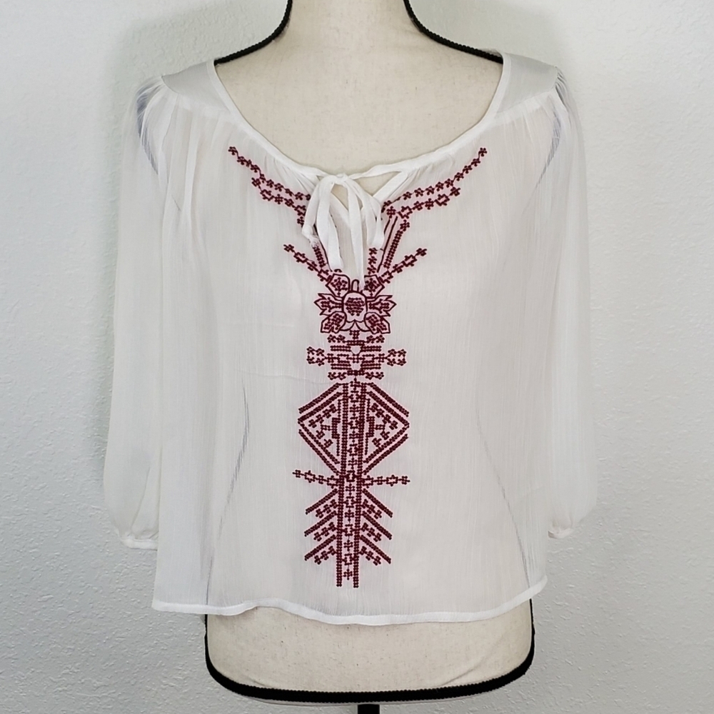 FANG 3/4 Sleeve Sheer Top w/Dark Red Stitching, XS